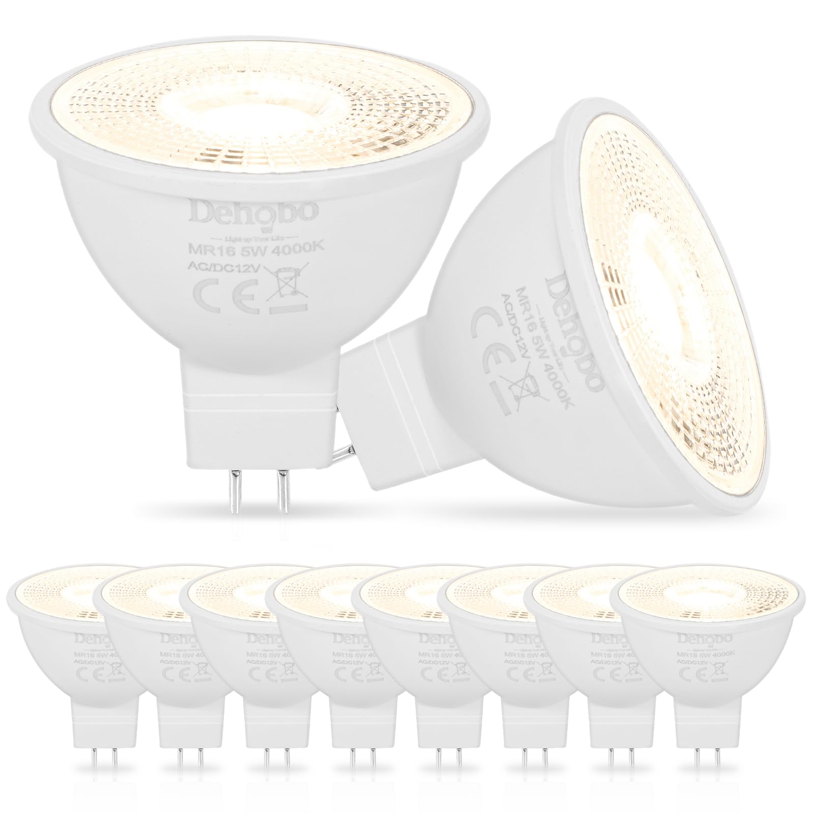 Dehobo MR16 LED Bulbs 4000K Neutral White, GU5.3 Base Flicker-Free Bulb - 5W 500 Lumen Aluminium and Plastic - Energy Saving 90% for Kitchen, Pack of 10