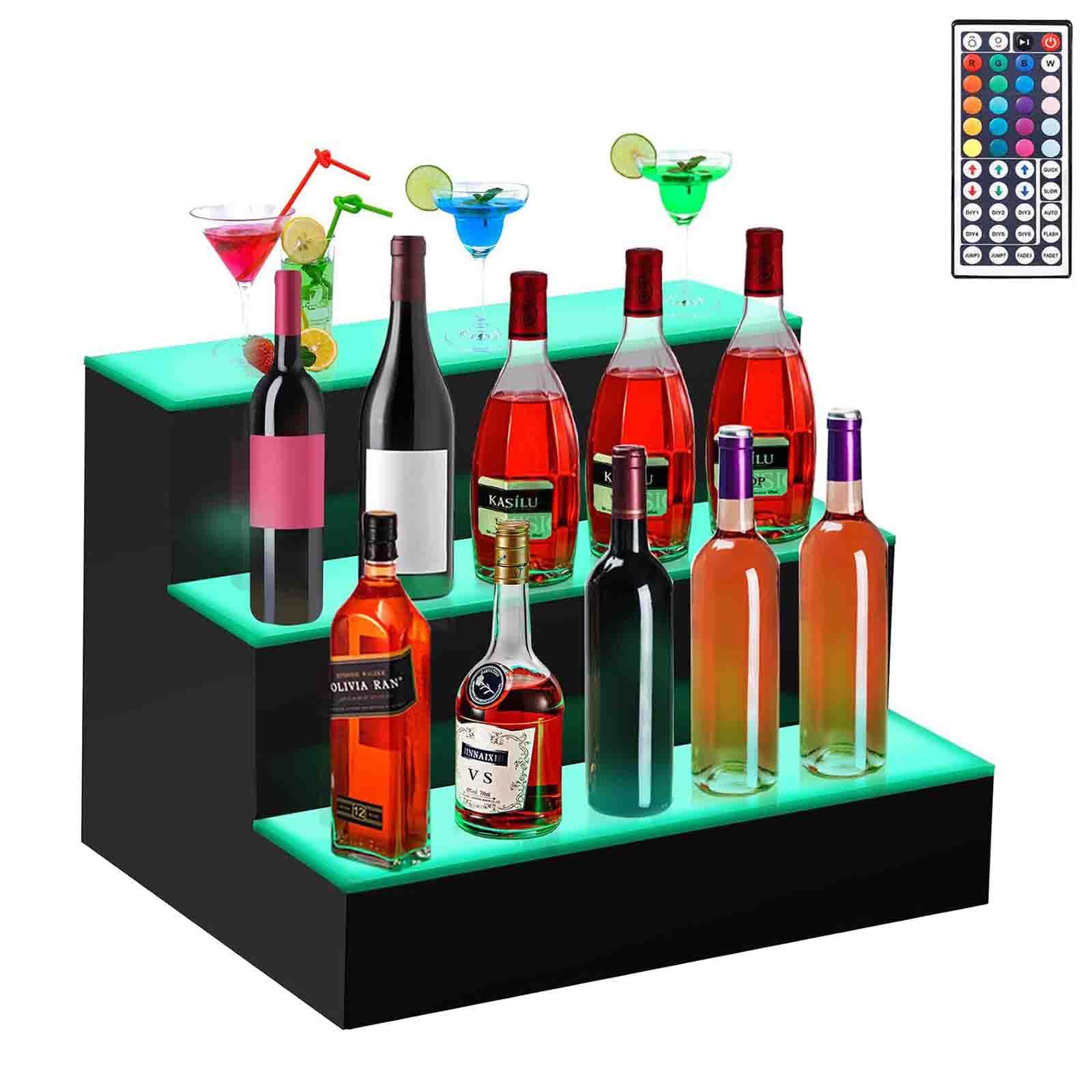 Étagère à 3 Niveaux Avec Éclairage LED Pour Bouteilles D'Alcool - 36,8 X 27 X 23 Cm, 24 Bouteilles, Télécommande RF 7 Couleurs