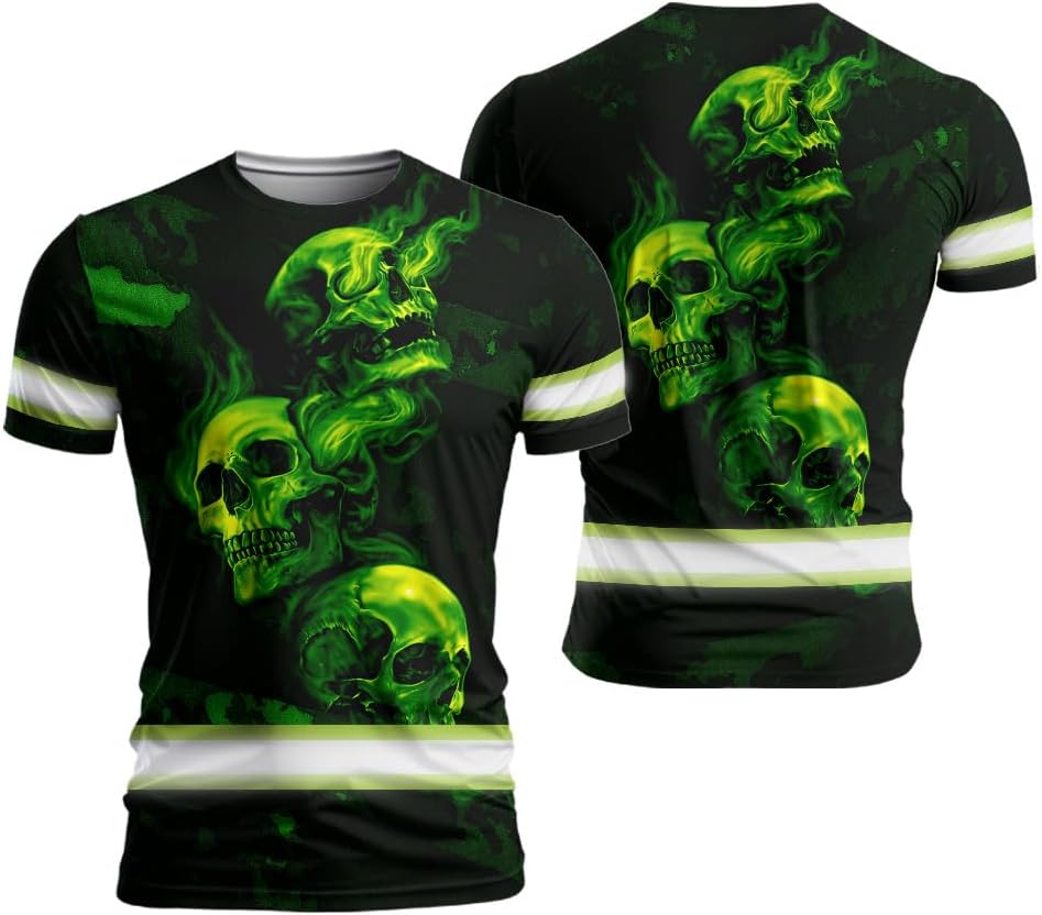 Hi Vis Shirts American Flag Skull Reflective High Visibility Custom Name Safety Workwear Tshirt for Workers, Runners