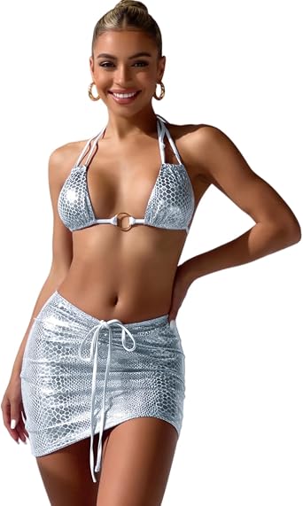 Womens 3 Piece Snakeskin Print Metallic Bikini Sexy Halter Backless Swimsuit Festival Outfit with Drawstring Mini Skirt