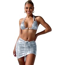 Womens 3 Piece Snakeskin Print Metallic Bikini Sexy Halter Backless Swimsuit Festival Outfit with Drawstring Mini Skirt