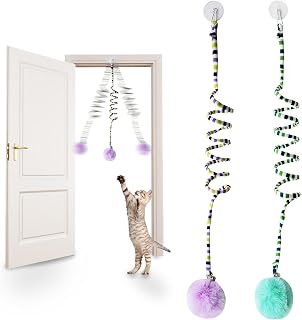 Andiker Cat Spring Toy, Self-Play Stretchable Door Hanging Cat Toy with Bell for Indoor Interactive Cat Toy, Soft Plush Ball with Spring Kitten Toy for Cat Kitten Playing Exercising (Green+Purple)