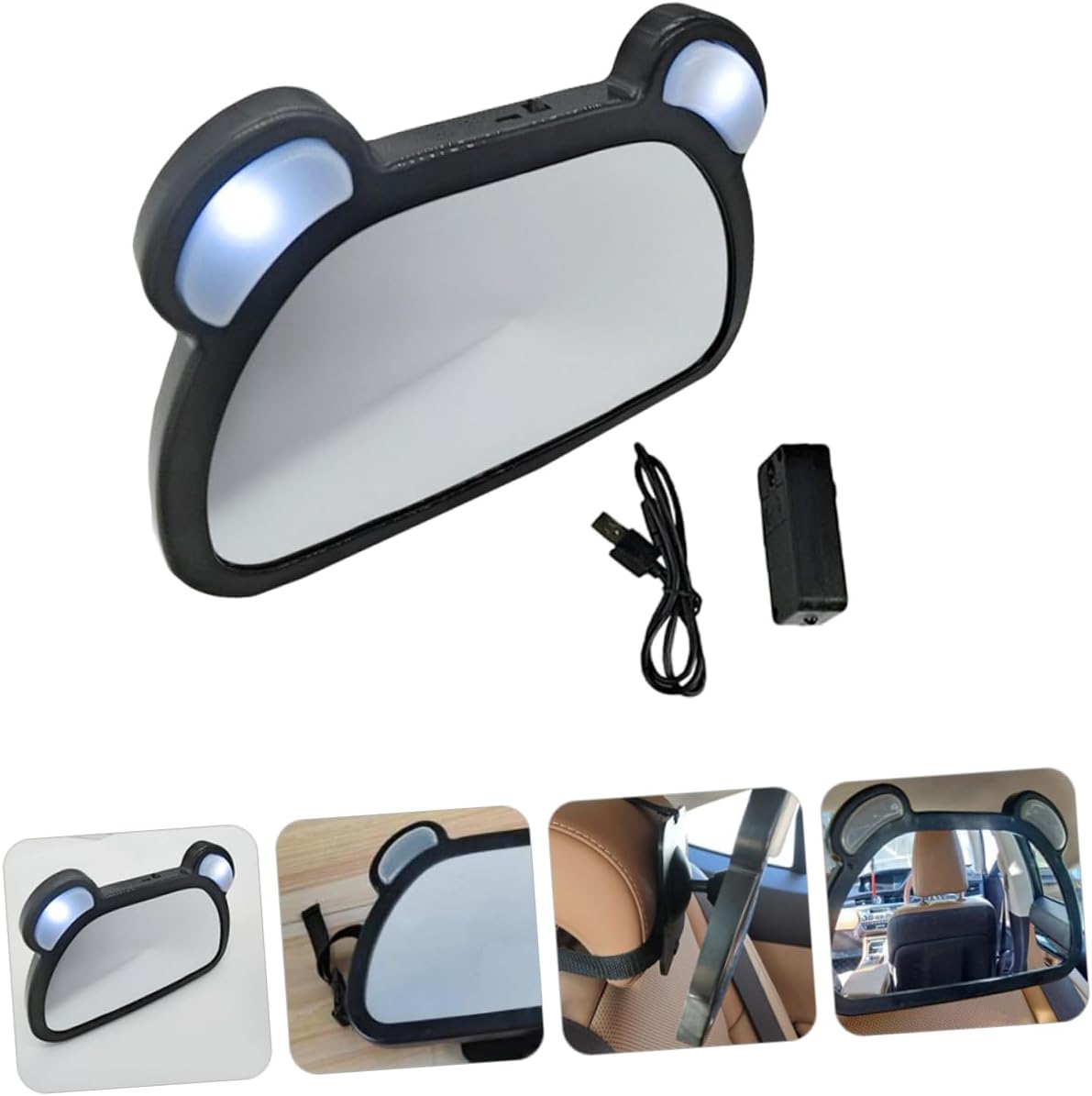 BESTonZON Baby Rearview Mirror LED Lights Adjustable Backseat Observation Mirror for Infants USB Rechargeable Car Baby Monitor Cute Design for Safe Travel