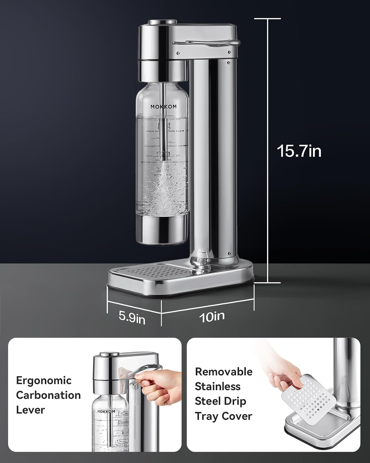 MOKKOM Soda Streaming Machine Stainless Steel & 1L Reusable Sparkling Water Bottles