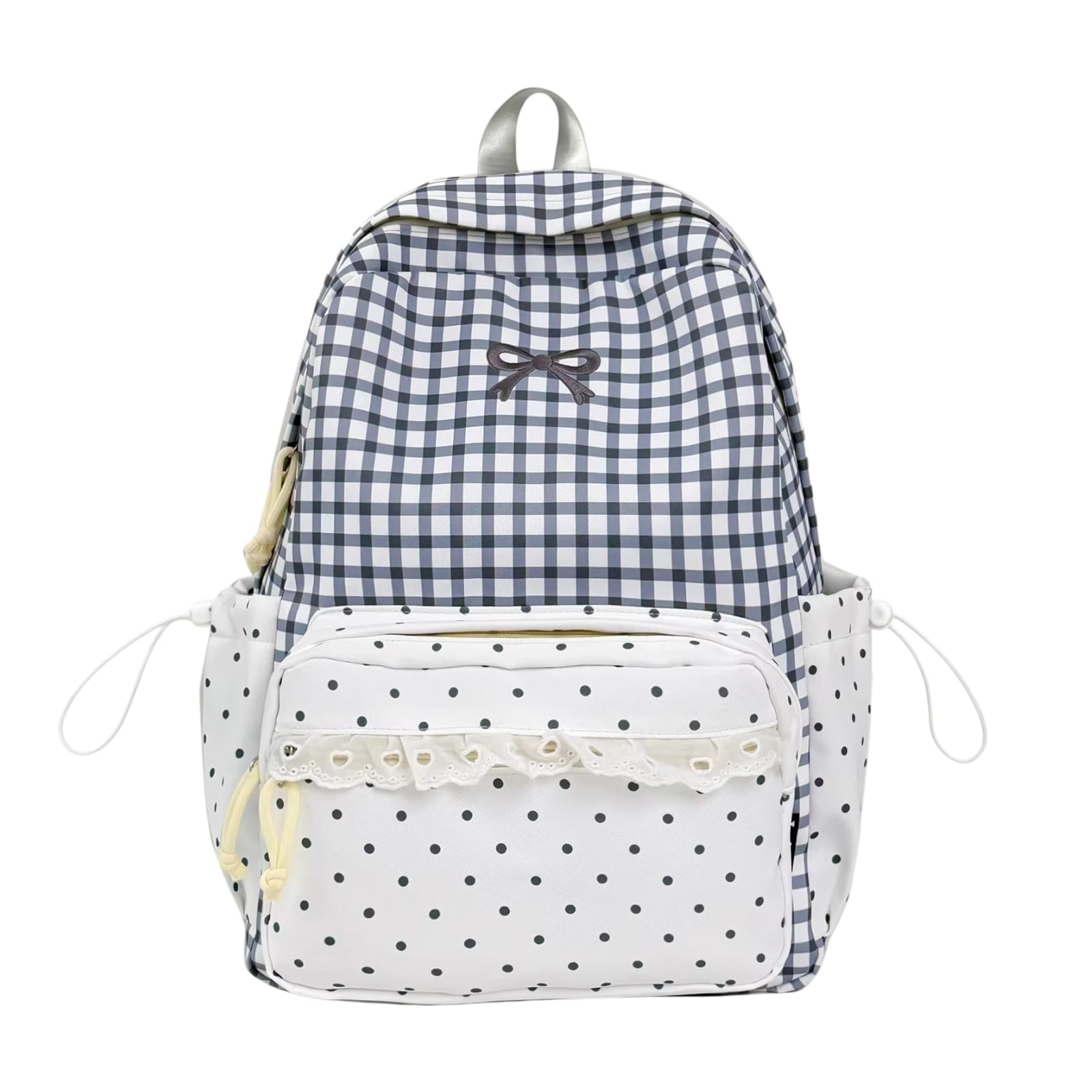 Zaino Gingham Pois Fiocco Ricamato Scolastico | Capiente e leggero, perfetto per scuola e gite, con dettaglio a fiocco e trama elegante.