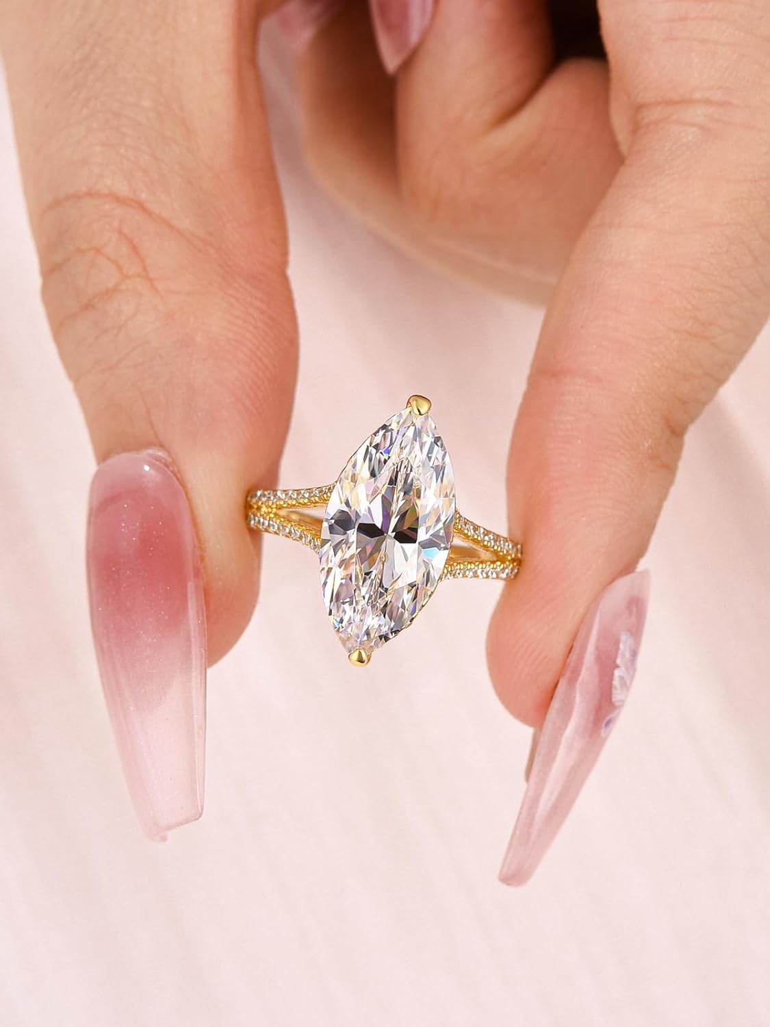 4.5 Carat Marquise Cut Golden Engagement Ring for Women, S925 Sterling Silver Split Shank 5A Cubic Zirconia Simulated Diamond Ring for Party, Wedding - Image 3