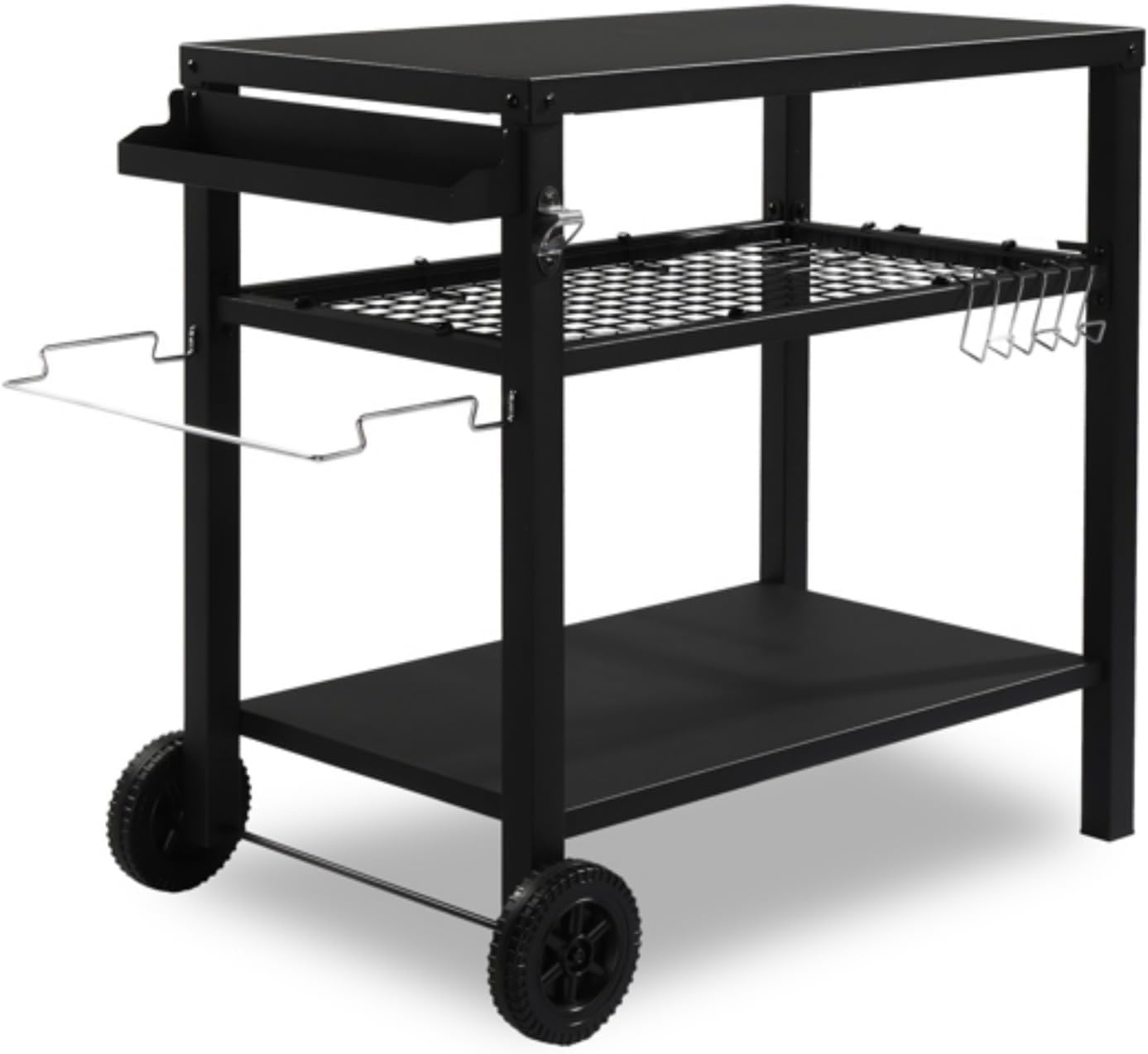 Outdoor Grill Dining Cart, Movable BBQ Trolley Pizza Oven Stand w/Shelves, Hooks, Multifunctional Flattop Food Prep Worktable w/Lockable Wheels, Side Handle