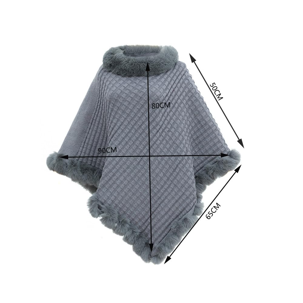 Elegantes chal lisos de gofre para mujer, Suéteres de piel abrigados de cinco puntas para mujer, Poncho con ribete de piel sintética