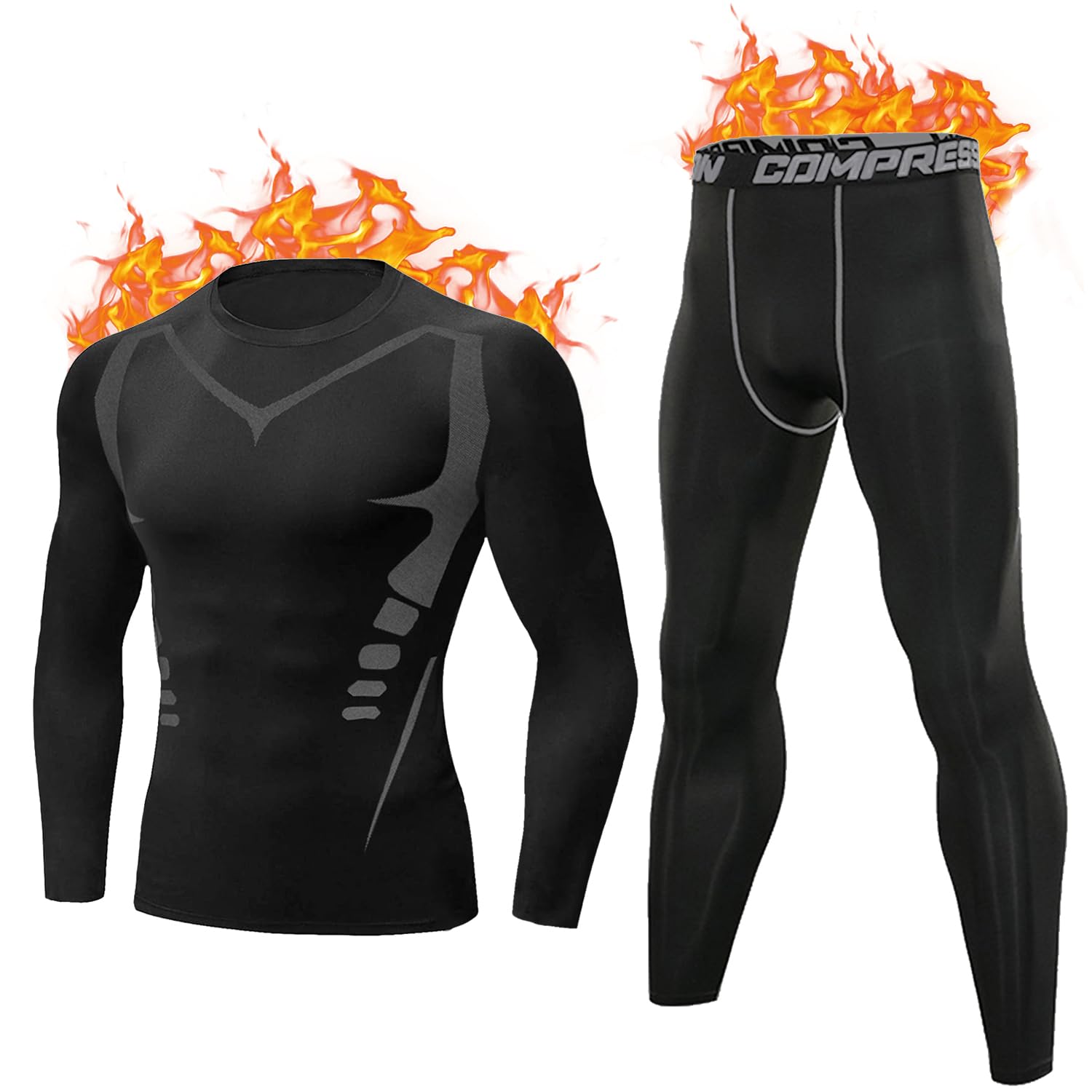 Terecey Thermounterwäsche Herren Winter Thermo Unterwäsche Set Fussball Funktionsunterwäsche Innenfleece Skiunterwäsche, Atmungsaktiv Schweiß Absorbieren zum Radfahren, Laufen, Jagen