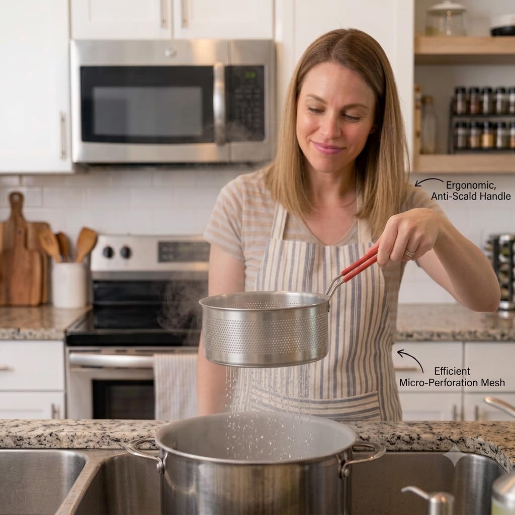 Pasta Strainer with Handle, Pasta Basket for Boiling with Removable Handle, Stainless Steel Pasta Strainer for Washing, Draining, Deep-Frying, Boiling, and Steaming
