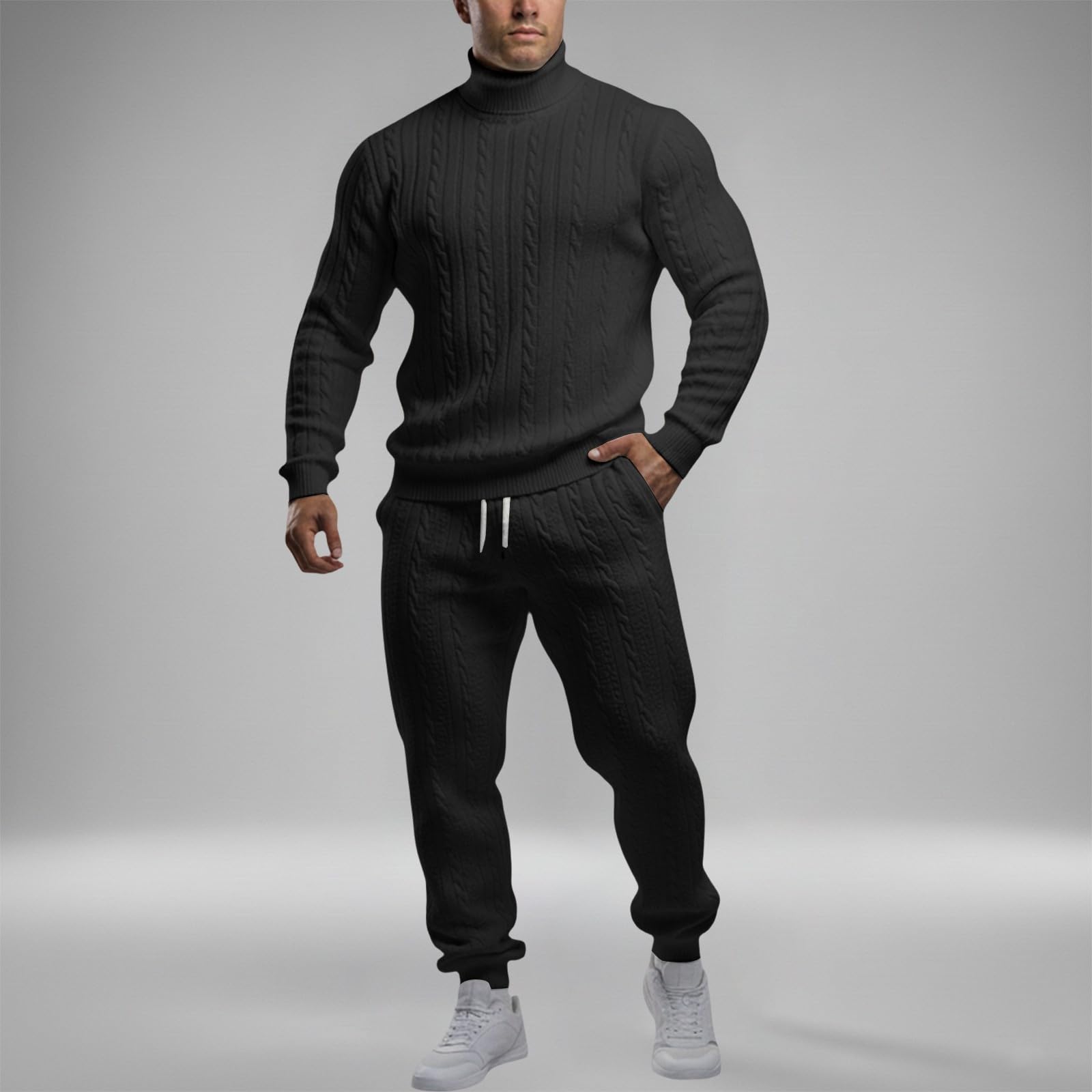 Herren 2 Pcs Jacquard Sweatsuit Freizeitanzug Outfits Rundhals Langarmhemd Sweatshirt & Joggers Sweatpants Set Einfarbig Jogginganzug