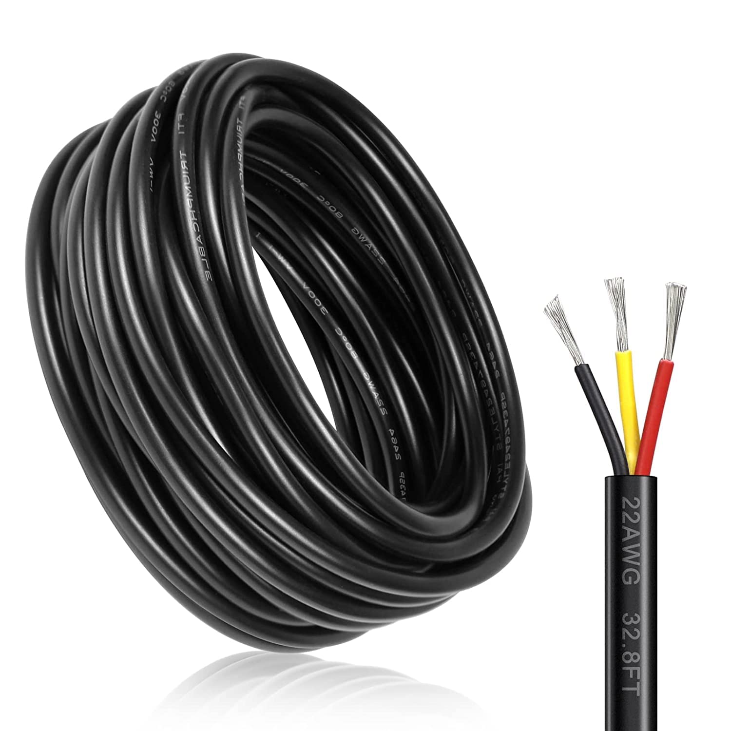 10M/32.8ft 12V Low Voltage Wire, 22 Gauge Conductor Extension Cable, Outdoor Landscape Lighting Cable, 22AWG 3 * 0.3mm² Electrical Cord Tinned Copper Hookup Wire Kit, 3 Core with Black Reel Package