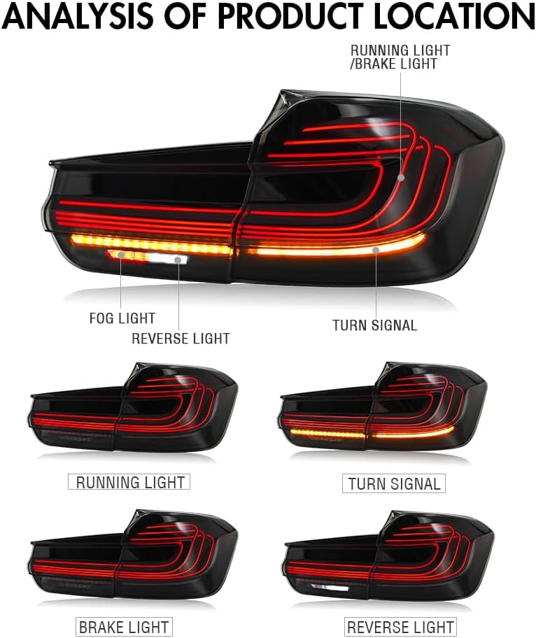 Upgrade Tail Lights for 2013-2018 BMW 3-Series/M3 F30 F35 F80 320i 328i 328D 335i Sedan 6th Gen Taillights with Animation/Amber Turn Signal Fog Light Rear Lamp(Smoked Red)