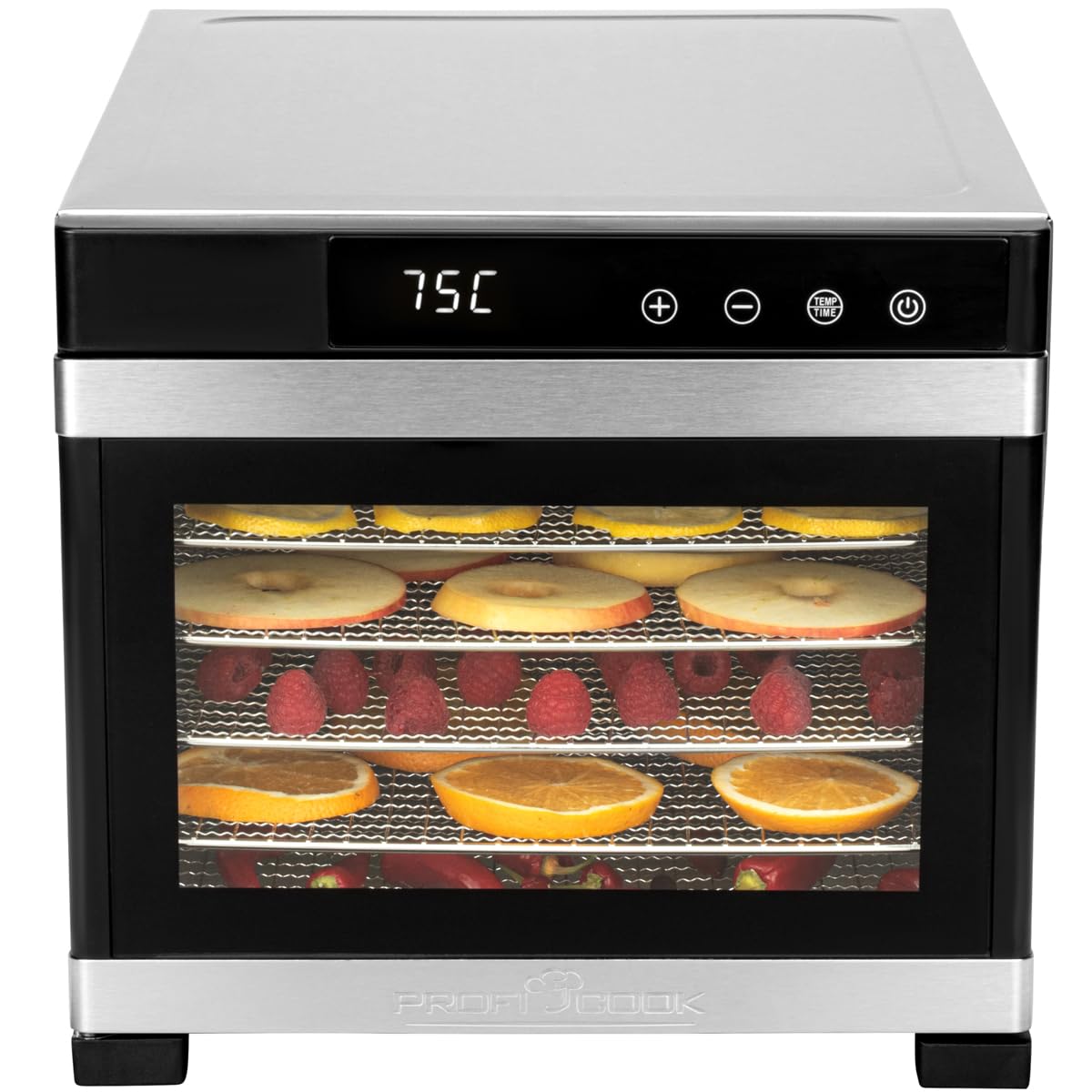 Proficook PC-DR1218 Deshidratador de Alimentos, 6 Bandejas Acero Inoxidable, Temperatura Ajustable 35-75°C, Temporizador 30 min - 24 h, Seca Frutas, Verduras, Carne, Hierbas