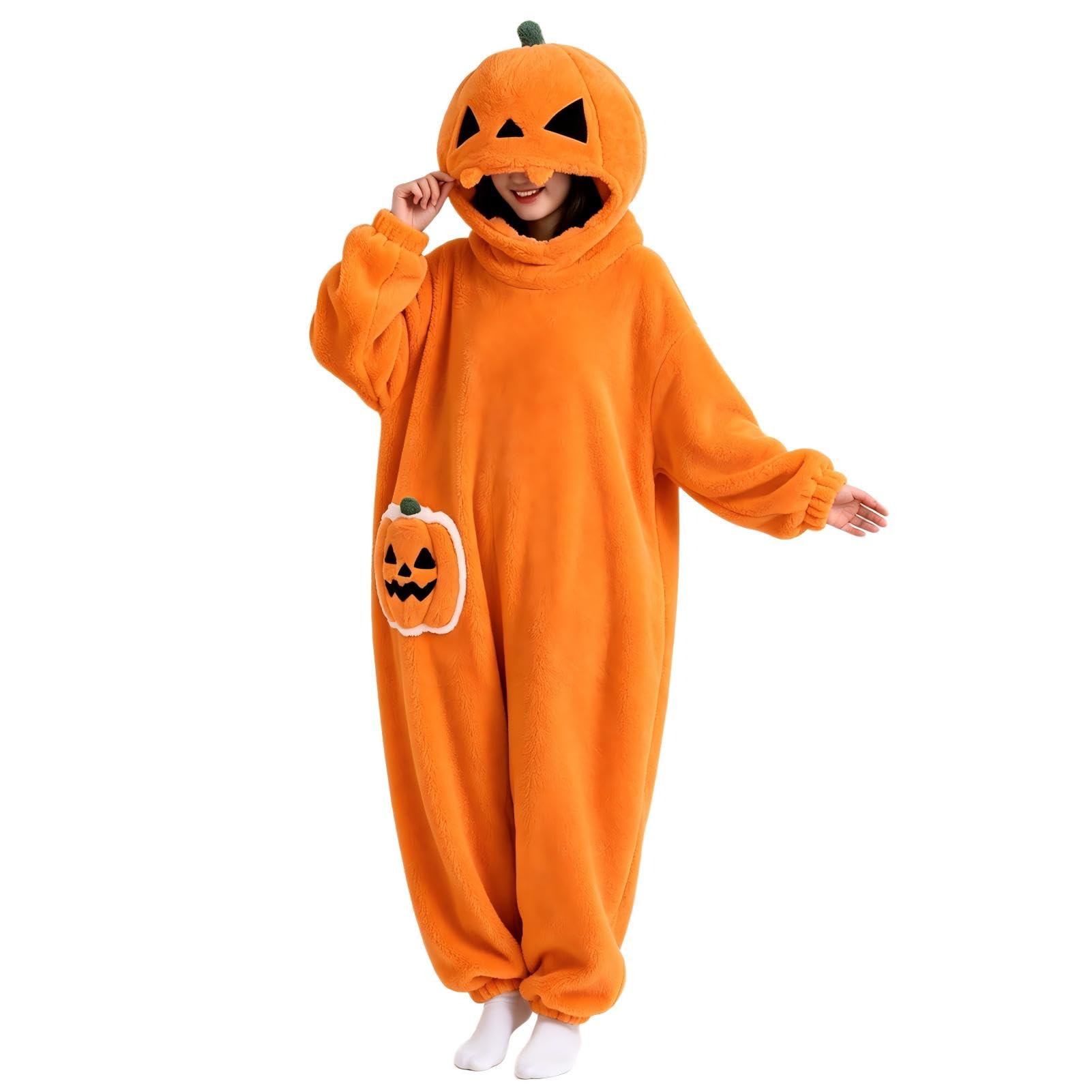 Generico Pigiama Intero Zucca Halloween in Peluche con Cappuccio Oversize | Goditi il ​​massimo comfort e uno stile festoso con questa tutina in peluche a forma di zucca, perfetta per Halloween