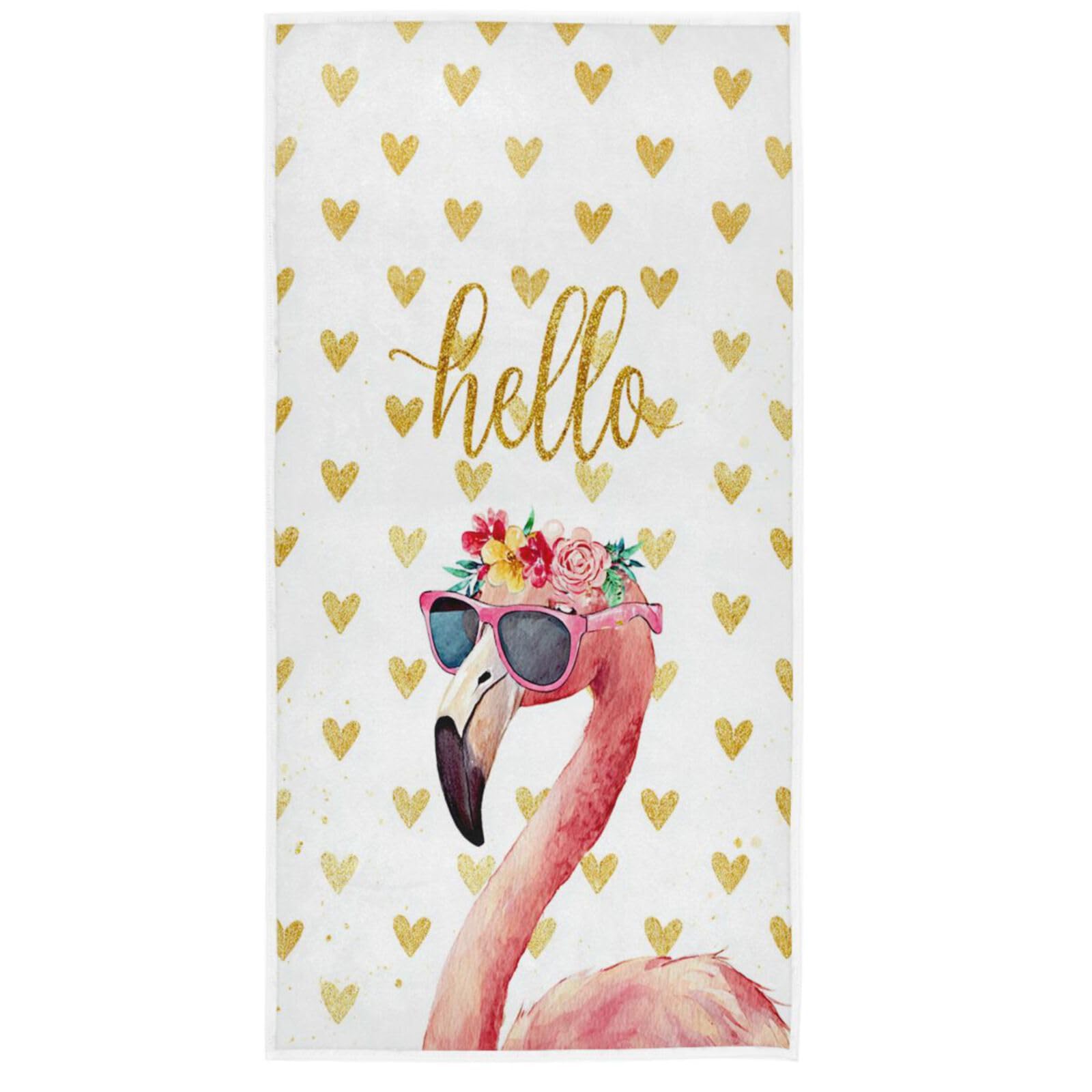 Pfrewn Golden,Pink Hello Tropical Flamingo Hand Towels 16X30 In, Pink Golden Hearts Floral Thin Bathroom Towel, Ultra Soft Highly Absorbent Small Bath Towel Bathroom Decor