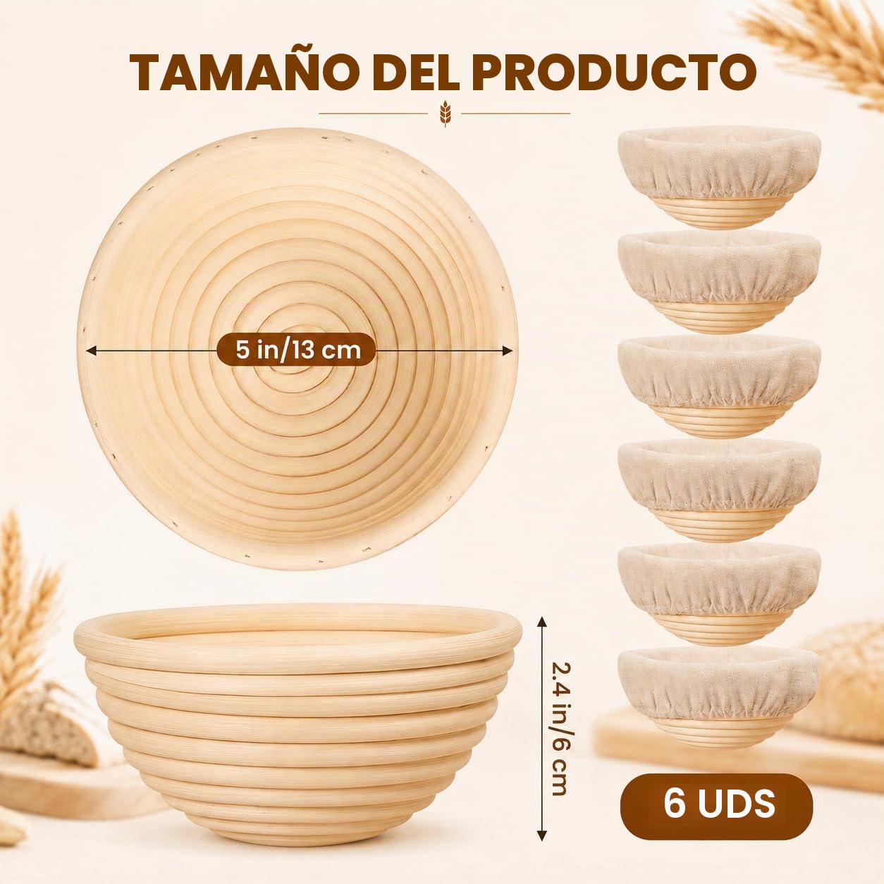 Banneton - Cesta de prueba de pan, 6 cestas pequeñas de 6 pulgadas, cesta de prueba de masa madre con ratán natural para panaderos profesionales y domésticos