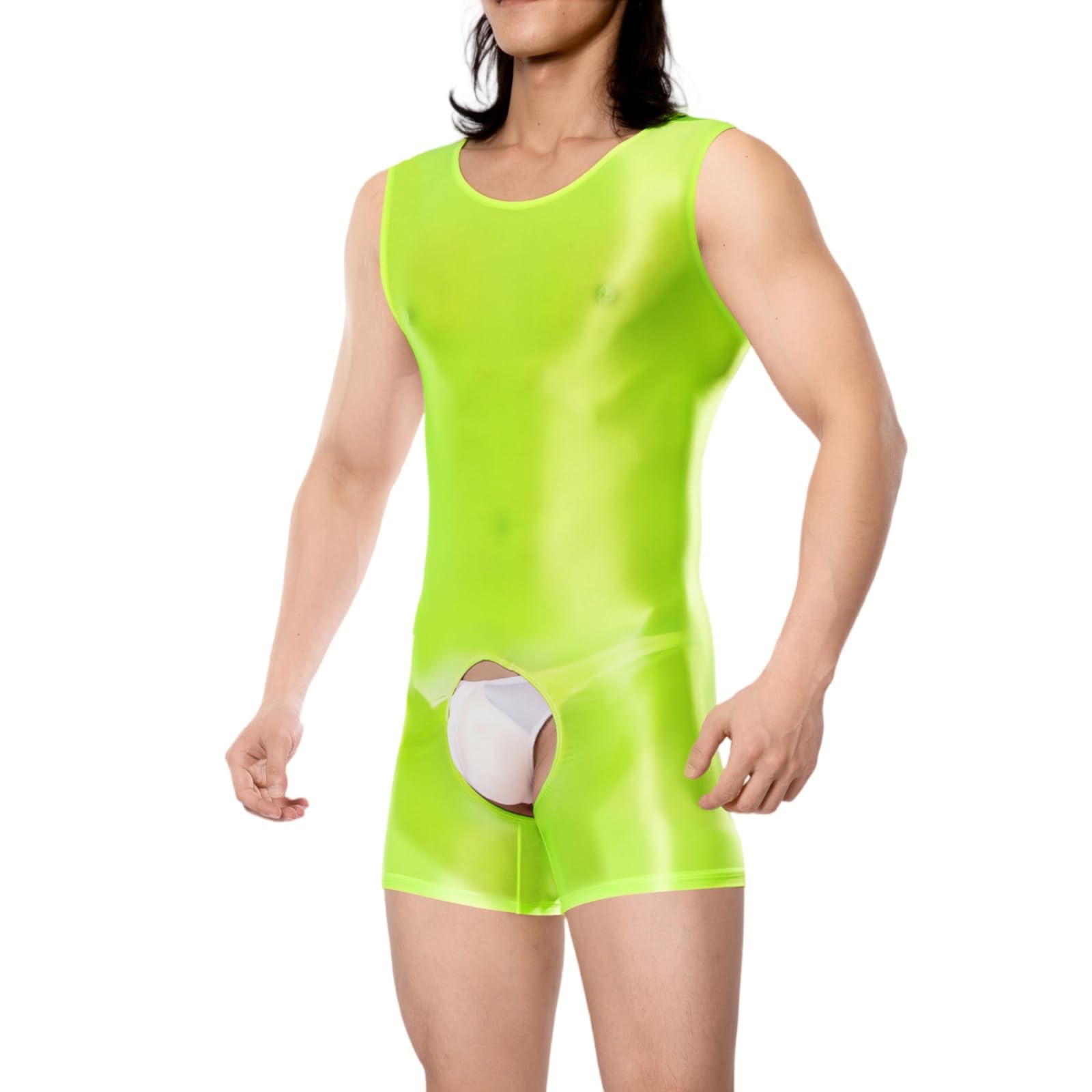 RuiChy Herren Glänzendes Body Armellos Fitness Overall Tank Top Shiny Rundhals Einteiliges Leotard Wrestling Singlet Unitard Freizeit Trainings Playsuit Festival Rave Nachtwäsche