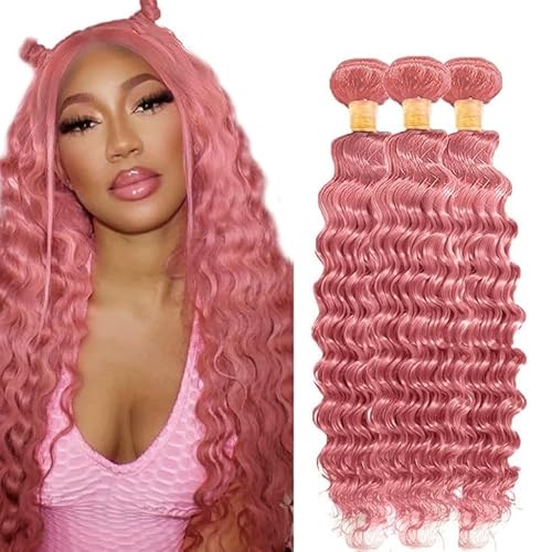 Pink Bundles Human Hair Deep Wave Bundles 14 16 18 Inch Unprocessed Brazilian Virgin Hair 3 Bundle 50 Gram Per Bundle Deals Quick Weave Hair Extensions