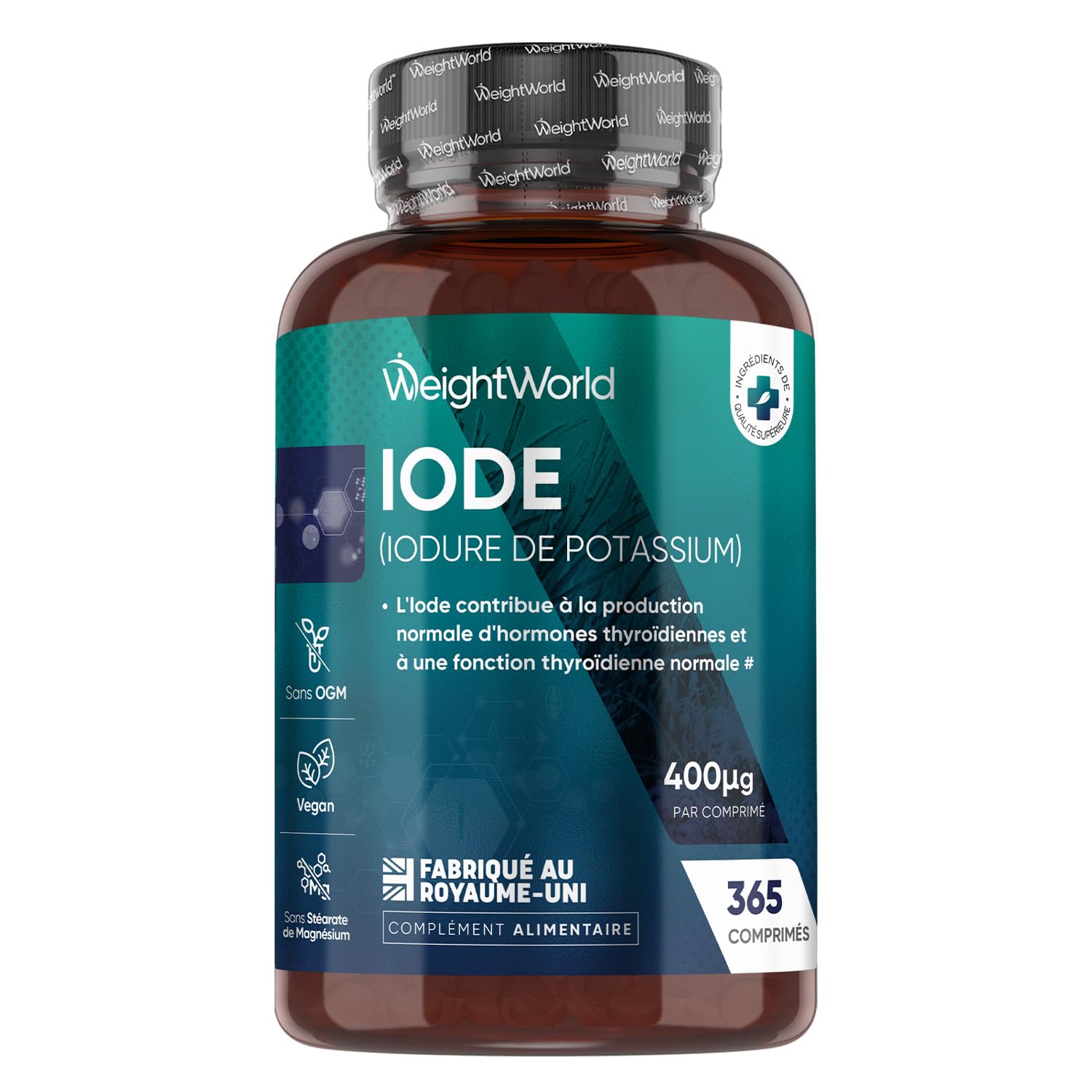 Iode 400μg - 365 Micro Comprimés Vegan - 1 Comprimé tous les 3 Jours - Iodure de Potassium Stable sans OGM ni Stéarate de Magnésium - Apport Standardisé d'Iode