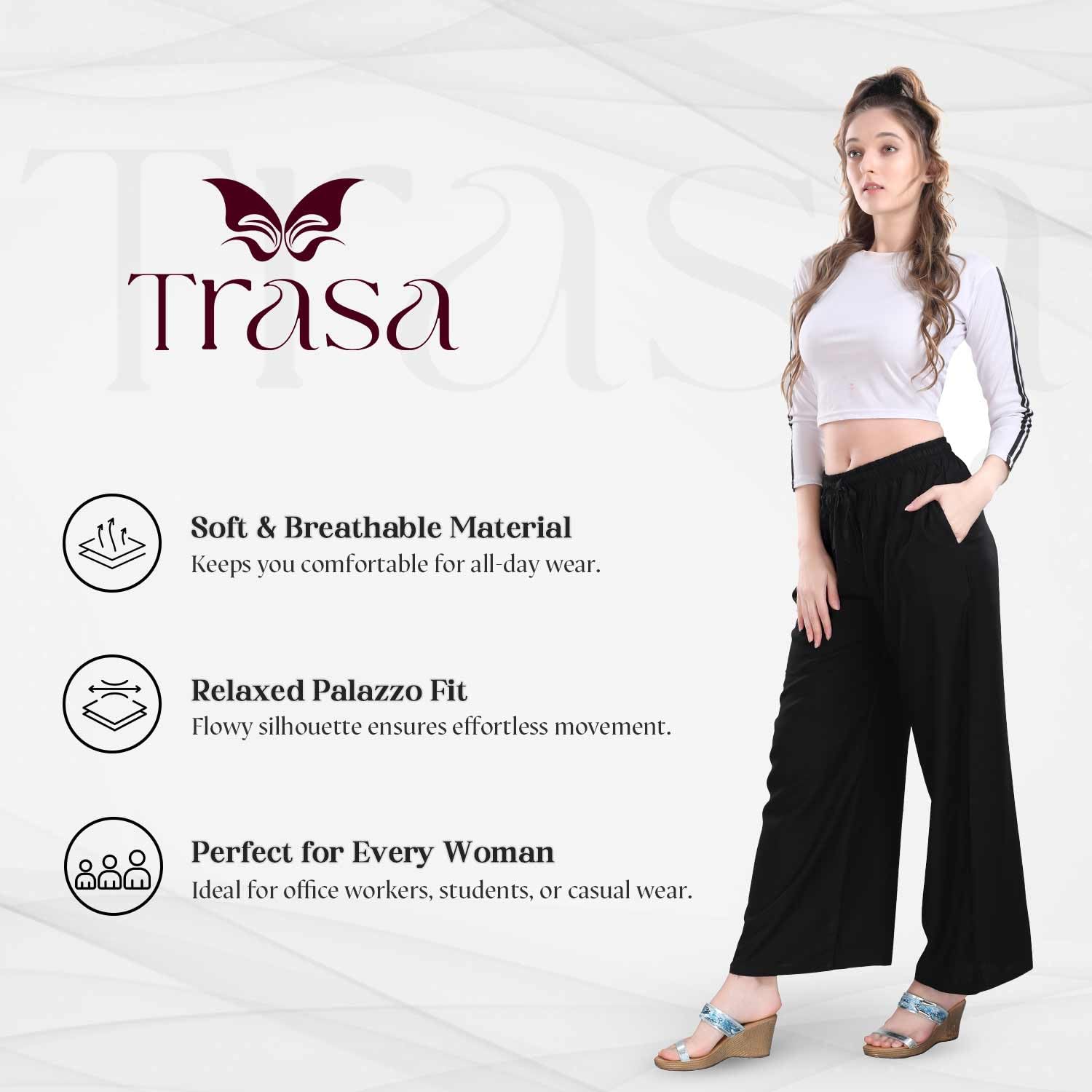 TRASA Ultra Soft Reyon Cotton Regular and Plus 7 Colour High Rise Palazzo for Womens and Girls - Black - 3XL - Image 2 thumbnail