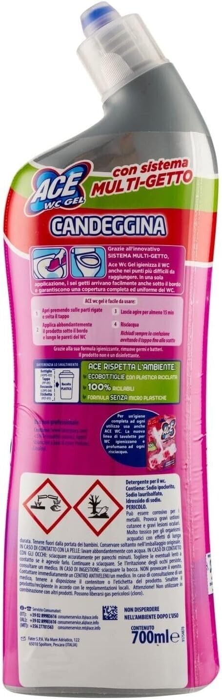 6x ACE Wc Gel con Candeggina, detergente per WC con sistema multigetto,700ml +1x Gingerino Recoaro Aperitivo Italiano 10cl IN OMAGGIO