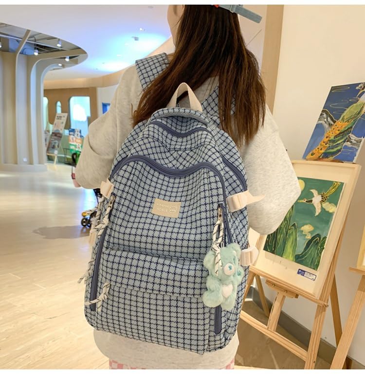 Kawaii Backpack with Cute Accessories Plaid Book Bag Aesthetic Backpack Casual Daypack Checkered Preppy Backpack (Blue,One Size)3