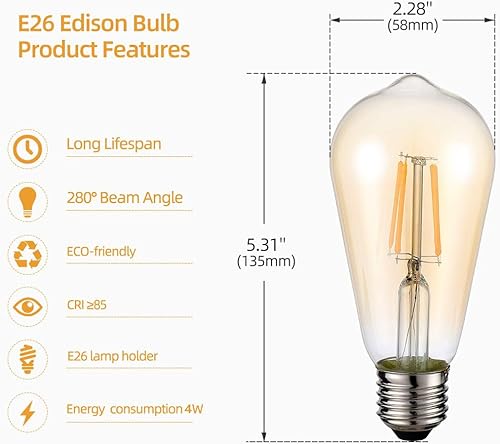 Miniatura 2 de HESSION Bombillas LED Edison vintage de 4 W ST58, equivalente a 60 W, regulables, paquete de 4 bases E26 de 400 lúmenes, 2700 K blanco cálido,