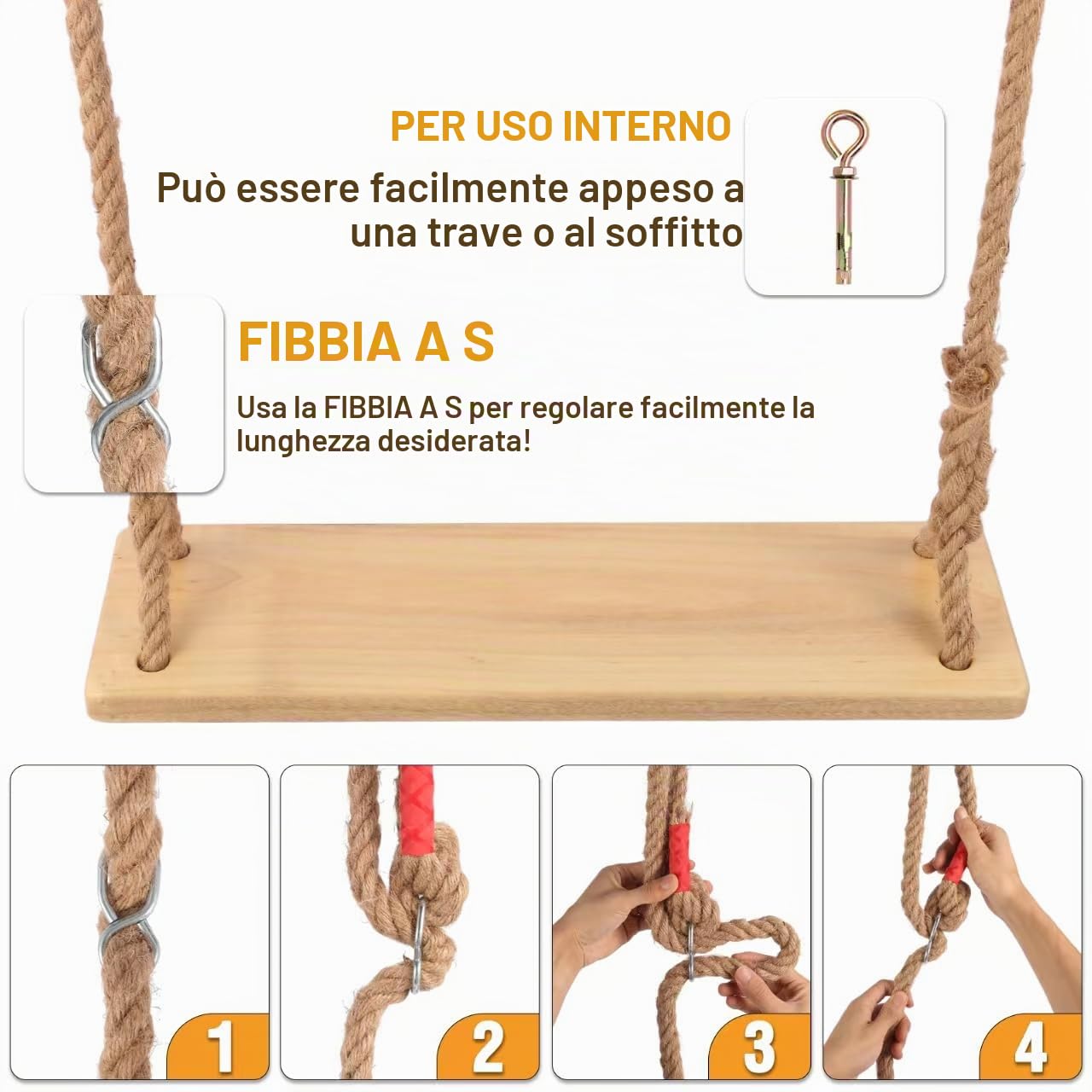 Altalena in legno da appendere per adulti, capacità 226,8 kg, corda di canapa regolabile, set di altalene da appendere per interni ed esterni, perfetto per patio, cortile, soffitto, include accessori