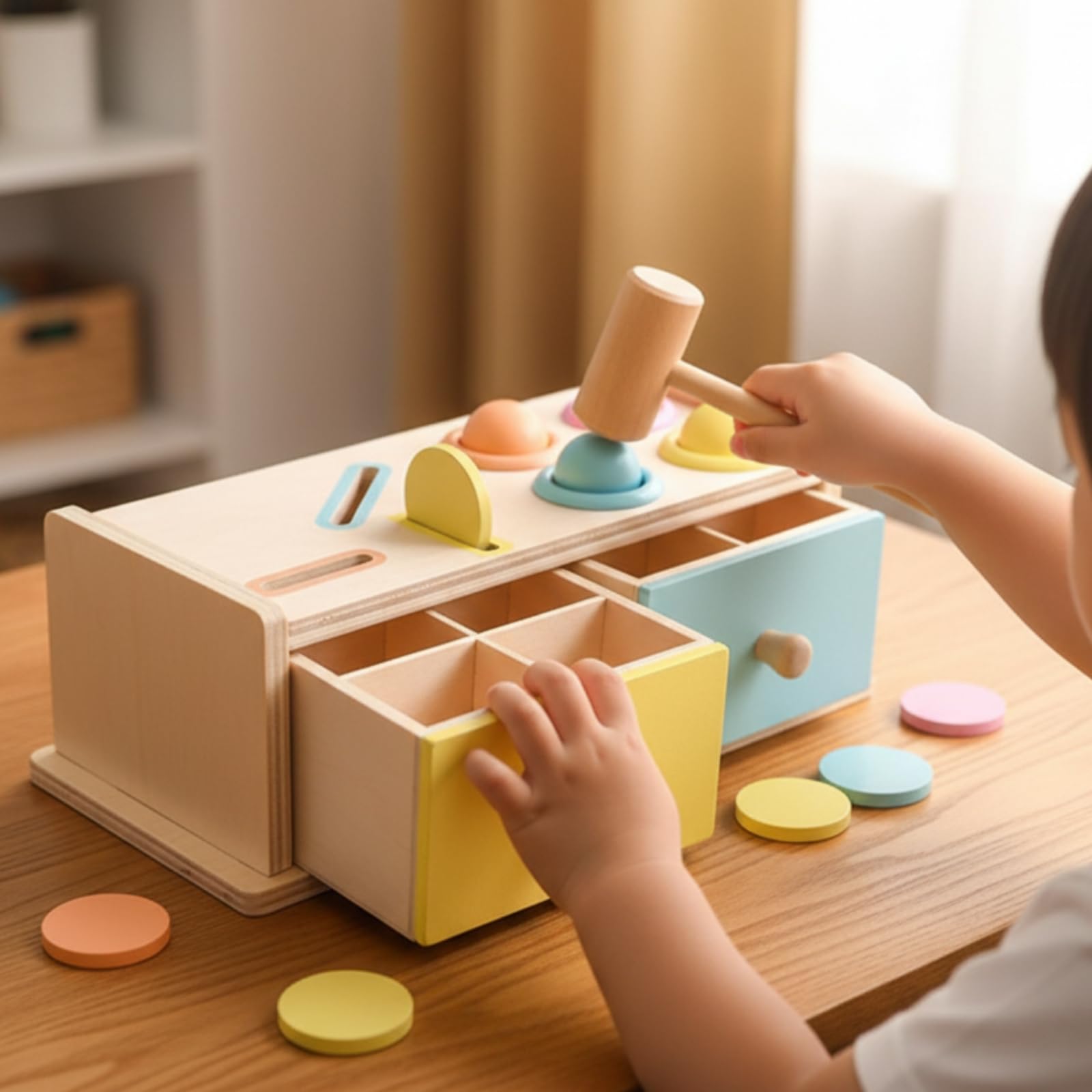 Scatola di attività di Ordinamento dei Colori e Martellamento Compatto Scatottività con Cassetti e Martello in Legno Ideale Regalo per Casa