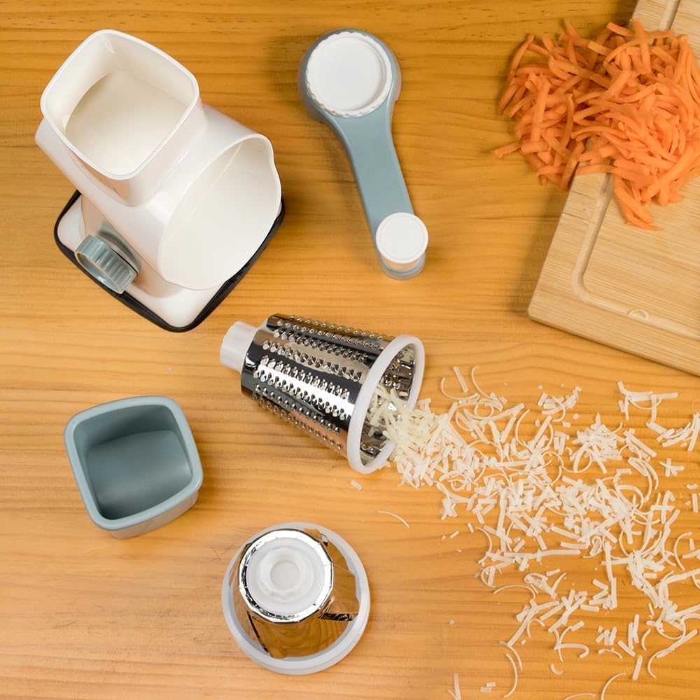 KEOUKE Käsereibe Mit Kurbel Trommelreibe Reibe Mit Griff Gemüse Käse Shredder Slicer Reibe Für Küche 3 Wechselklingen Für Käse Kartoffel Zucchini Nüsse Schokolade (Weiß - Blau)