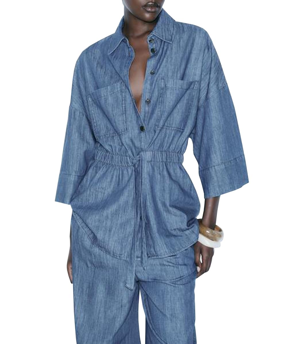 Camisas de Mezclilla para Las Mujeres Moda Casual Manga Larga Solapa botón cordón Cintura Ligero Jean Camisas Tops