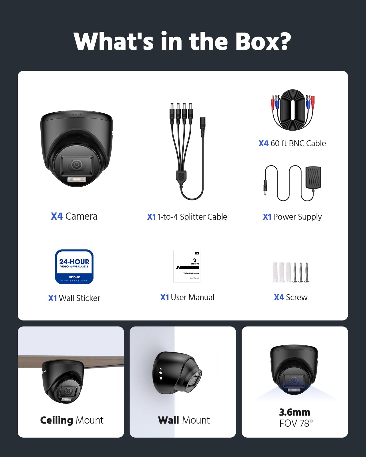 ANNKE Paquete de 4 cámaras de vigilancia de seguridad para el hogar HD-TVI 1080P, visión nocturna de 2 MP, visión nocturna inteligente a color, carcasa impermeable IP67