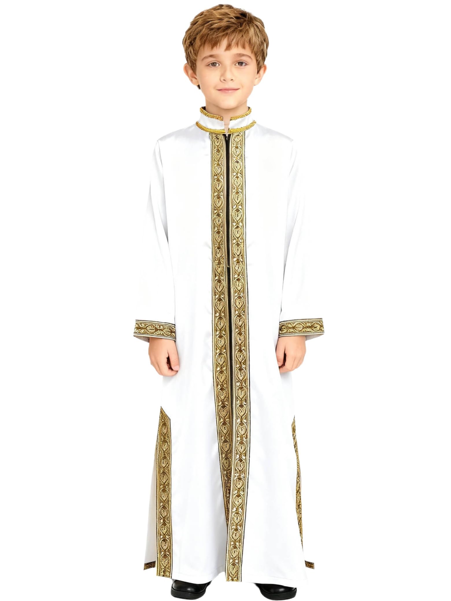 Fldy Boys Muslim Thobe Kaftan Embroidered Robe Islamic Arabic Abaya Ethnic Dress Casual Dubai Thobe White 15-16 Years