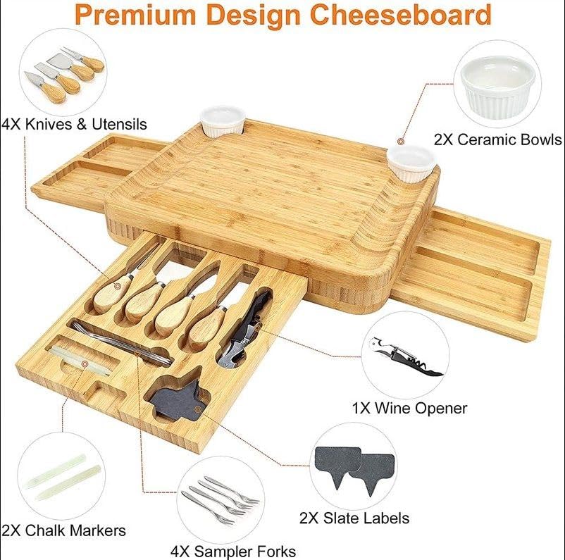 Premsons® Bamboo Cheese Board & Knife Set - 4 Knives + 4 Forks + Ceramic Bowl Set - Charcoal Slate Chalk Marker Cutlery Three Slide Out Drawer - Ideal for Home Dinner Special Occasions 1