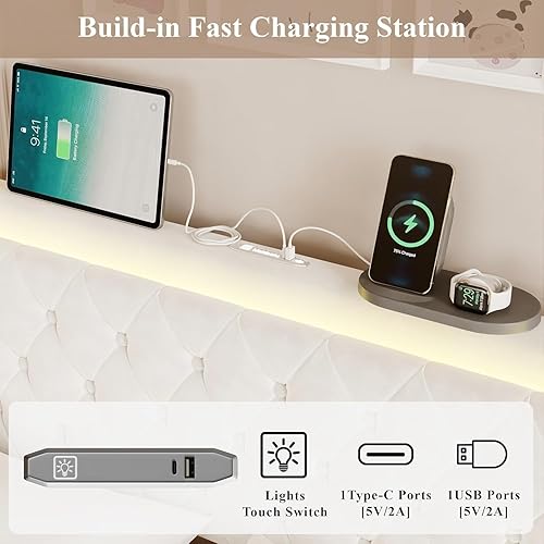 Miniatura 5 de Base de cama tamaño Queen, marco de cama LED Queen con cabecero y armarios de almacenamiento, marco de cama tapizado de terciopelo Queen con Blanco