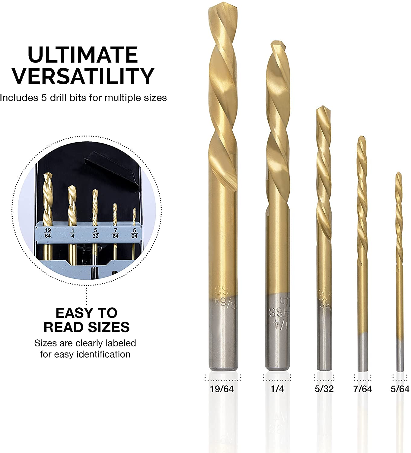 Neiko 10113B - Set di punte per trapano a mano sinistra, 5 pezzi, 5/64" - 19/64", acciaio ad alta velocità rivestito in titanio M35, punto di divisione autocentrante a 135 gradi, completamente