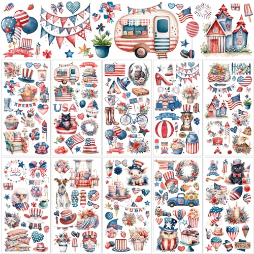 Lincia 10 Sheets Rub on Transfers for Crafts and Furniture Rub on Transfers Stickers Festive Floral Vintage Decals for Fabric Planner DIY Craft Wood Home 5.91 x 11.81 Inch (Patriotic)