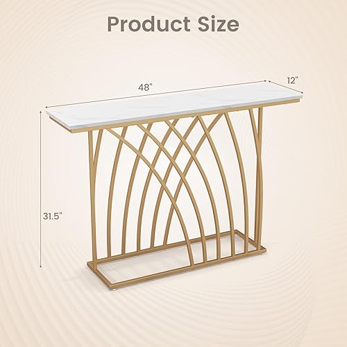 Miniatura 3 de GOFLAME Mesa consola dorada de 48 pulgadas, mesa de entrada moderna con mesa de mármol sintético blanco, base geométrica, mesa de sofá larga y