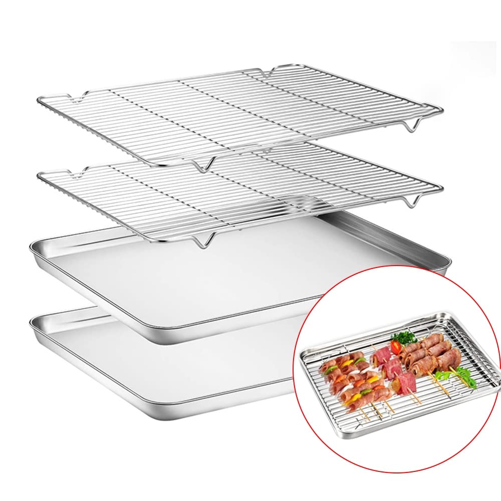 ACiyD Bandeja de Acero Inoxidable para Horno Bandeja para Galletas con Rejilla Utensilios para Hornear (23x17x2,5 cm)