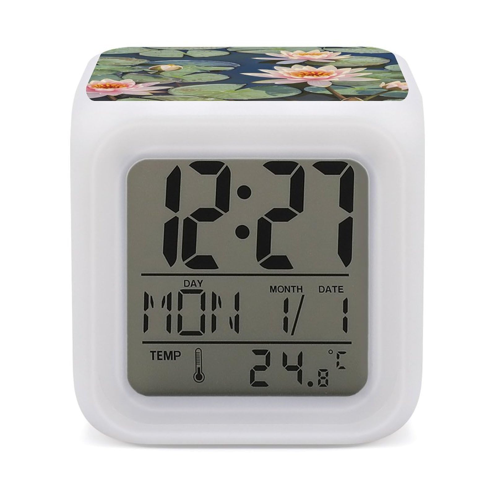 LZQPOEAS Peach Water Lily Painting Alarm Clock Desk Clock with 7 Color Changing Night Light Digital Clocks with Temperature Display Sleep Training and Sound Machine for Heavy Sleeper