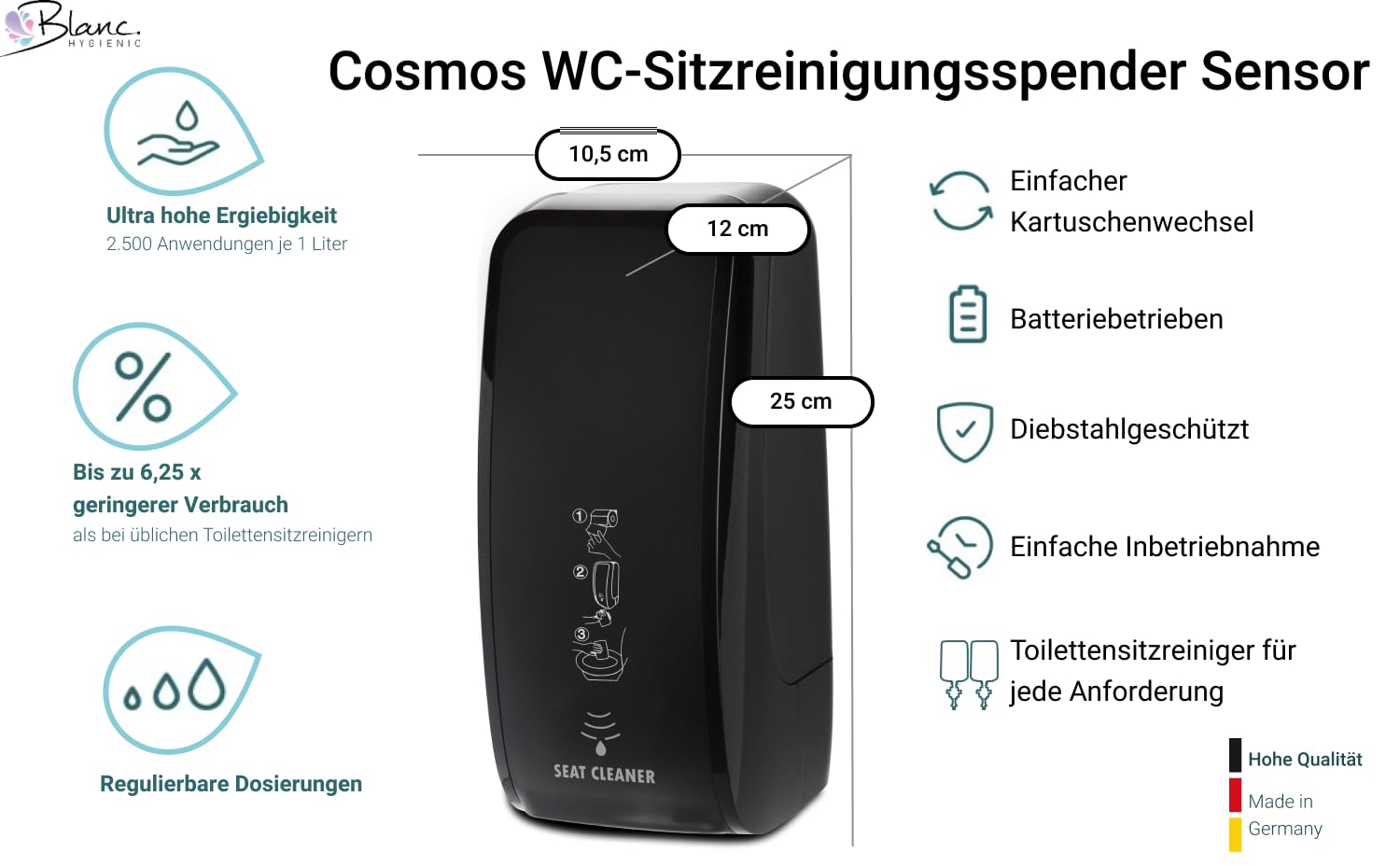 Dispensador para limpieza de asientos de inodoro Cosmos – Dispensador de limpieza con sensor de montaje en pared y limpiador de asiento de inodoro de 2 litros para aprox. 5.000