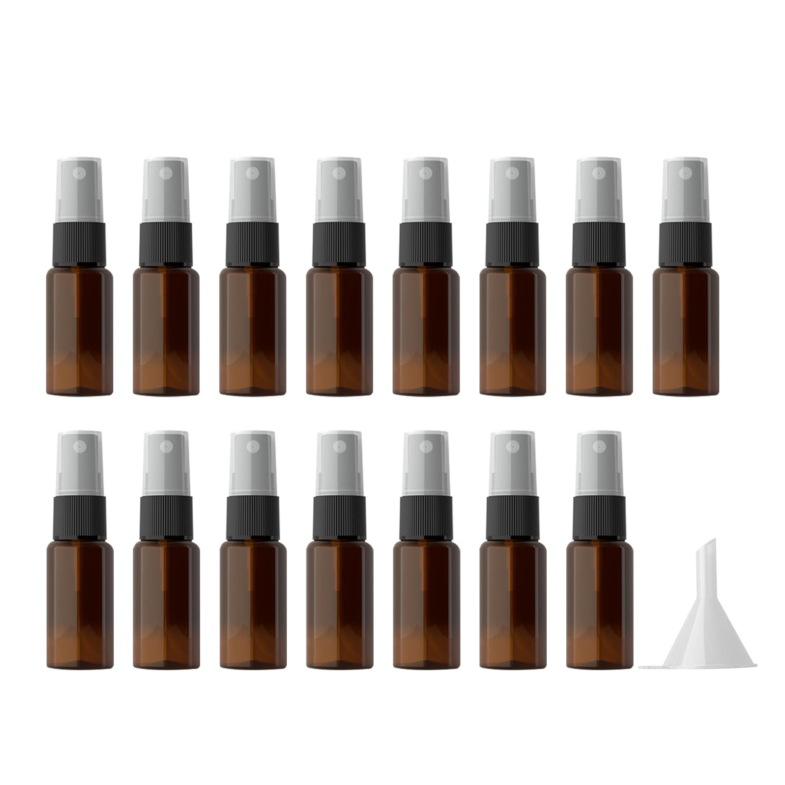 longway 15 PCS Spray Bottles, 0.5oz/15ml Amber Empty Fine Mist Spray Bottle Dispenser with Cap, Small Refillable Liquid Containers with 1pcs Funnel and 18pcs Labels