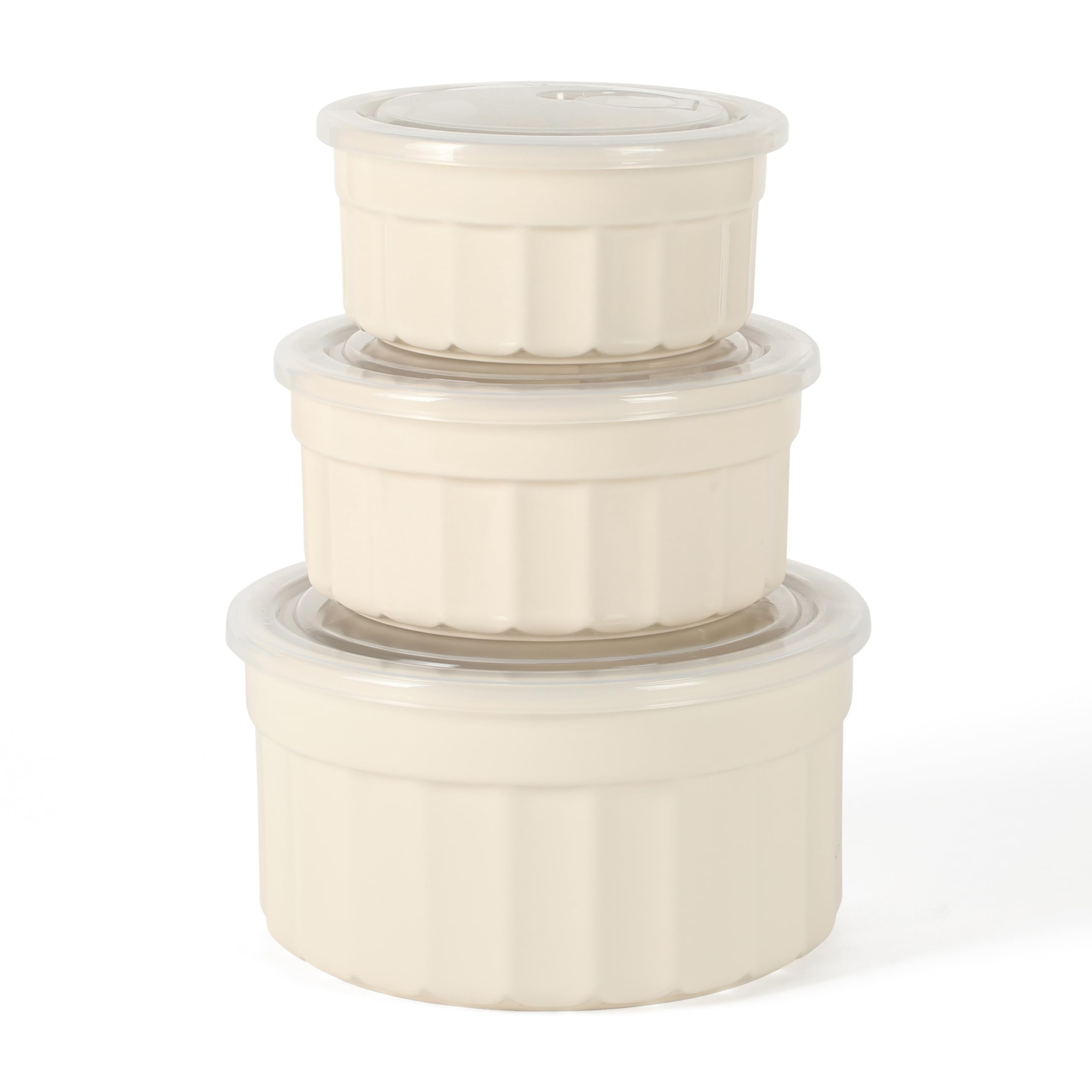 Martha Stewart Broadbrook 6 Piece Stoneware Meal Prep Container Set with Lids, Round Food Storage & Bakeware, Cream, Oven, Microwave & Dishwasher Safe