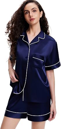 Lonxu Womens Satin Pajamas Set Short Sleeve Button Down Sleepwear XS-3XL