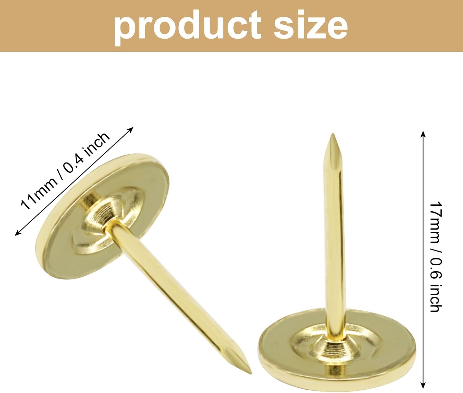 100pcs Flat Head Thumb Tacks for Wall, 7/16 Inch Upholstery Tacks, Decorative Long Push Pins for Office Home Furniture Decor Wooden Photo, Gold