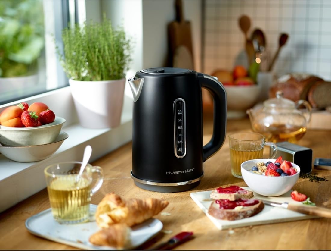 riviera&bar Bouilloire Inox 1,8L - Chauffe-Eau Rapide 2200W, Sélection Température 40-100°C - Écran LCD, Modes Eau et Thé, Sécurité Surchauffe - Black Satin