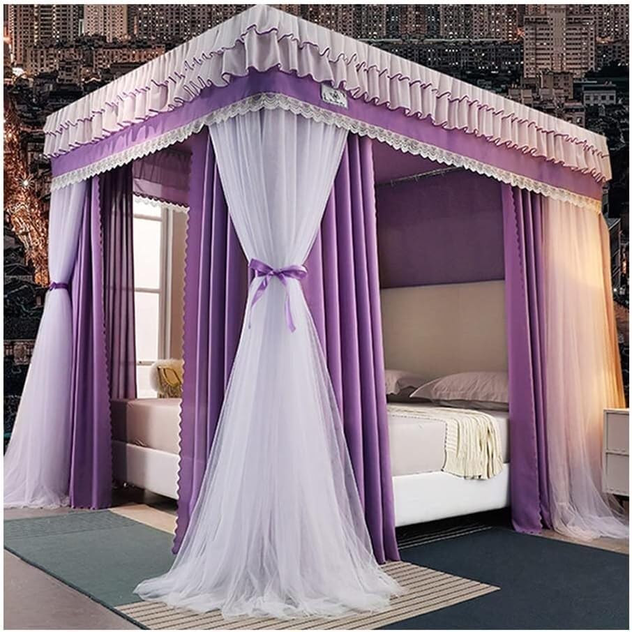 Mosquitera morada para cama doble King Size con cortina de 4 postes de esquina