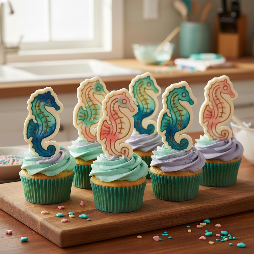 BAKERLOGY Lot de 4 Hippocampe, Coquillage, Étoile de Mer & Coquillage Turritelle Mini Emporte-pièces & Tampons – Embosseurs Marins pour Pâte à Sucre, Biscuits, Cupcakes & Fête Sirène