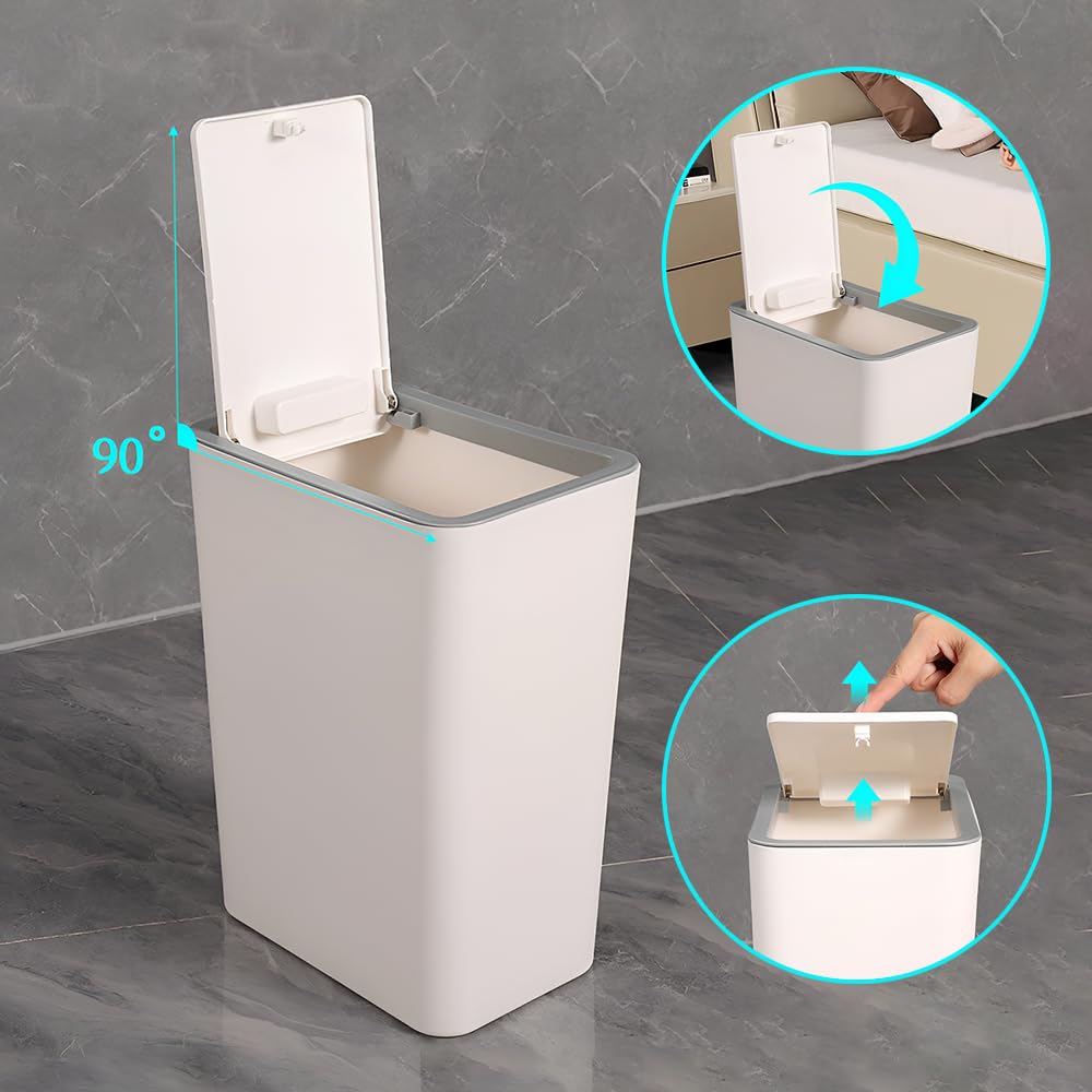 10L Prullenbak met persveerafdekking, dubbele binnen- en buitenvuilnisbakken, smalle vuilnisbak, compacte afvalbak, mand voor toilet, slaapkamer, badkamer, woonkamer - wit